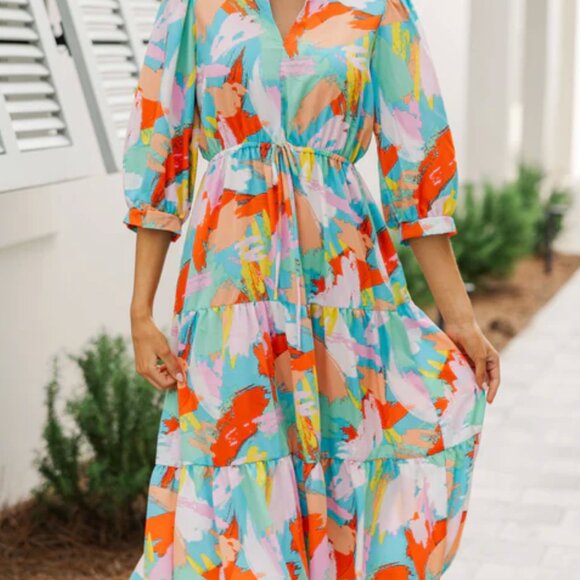 Boutique dress - lovely colors and abstract pattern, EUC - Picture 1 of 5